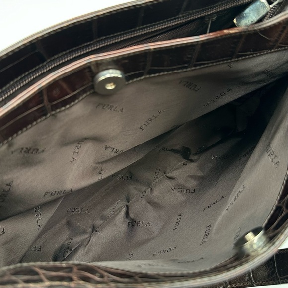 Vintage Furla Genuine Leather Croc Embossed Brown Shoulder Bag - Picture 14 of 14